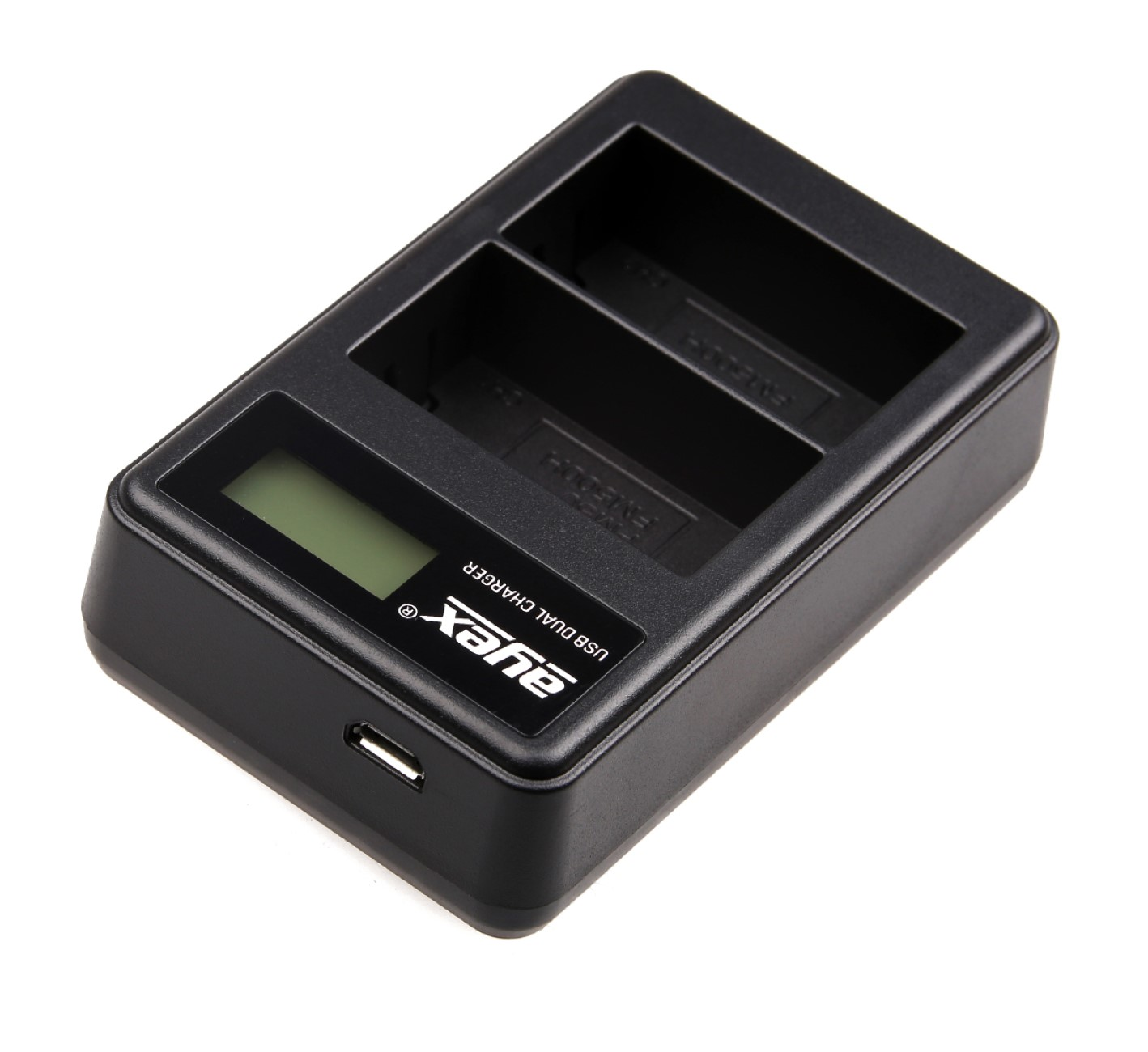 Schwarzes Dual-Ladegerät für Batterien. Hat zwei Schlitze und einen kleinen Bildschirm. USB-Anschluss.
