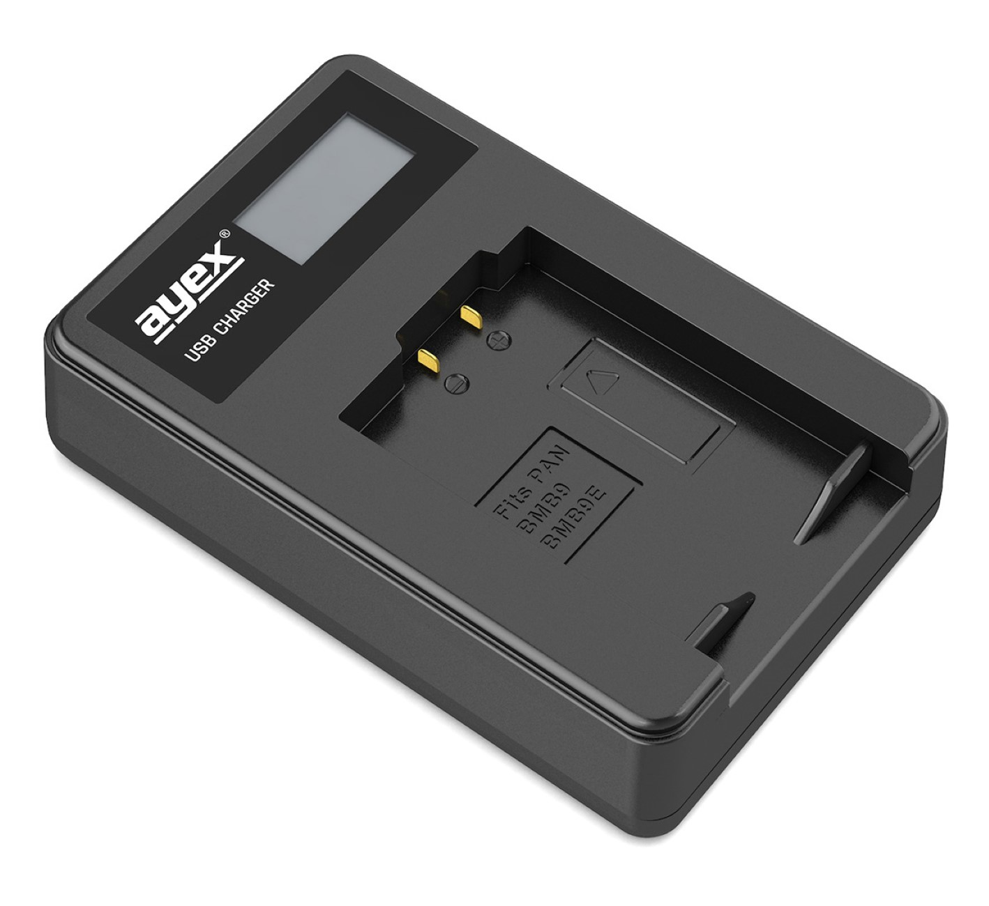 Schwarzes USB-Ladegerät für Batterien auf weißem Hintergrund. Das Ladegerät hat ein kleines Display.