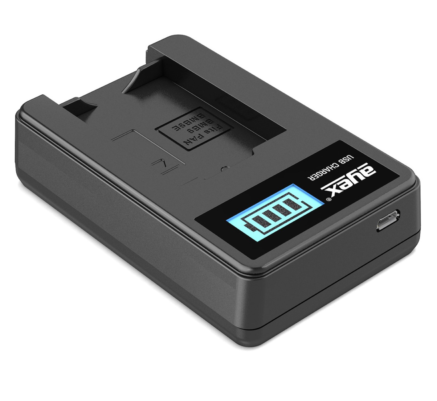 Ein schwarzes USB-Ladegerät mit Display.