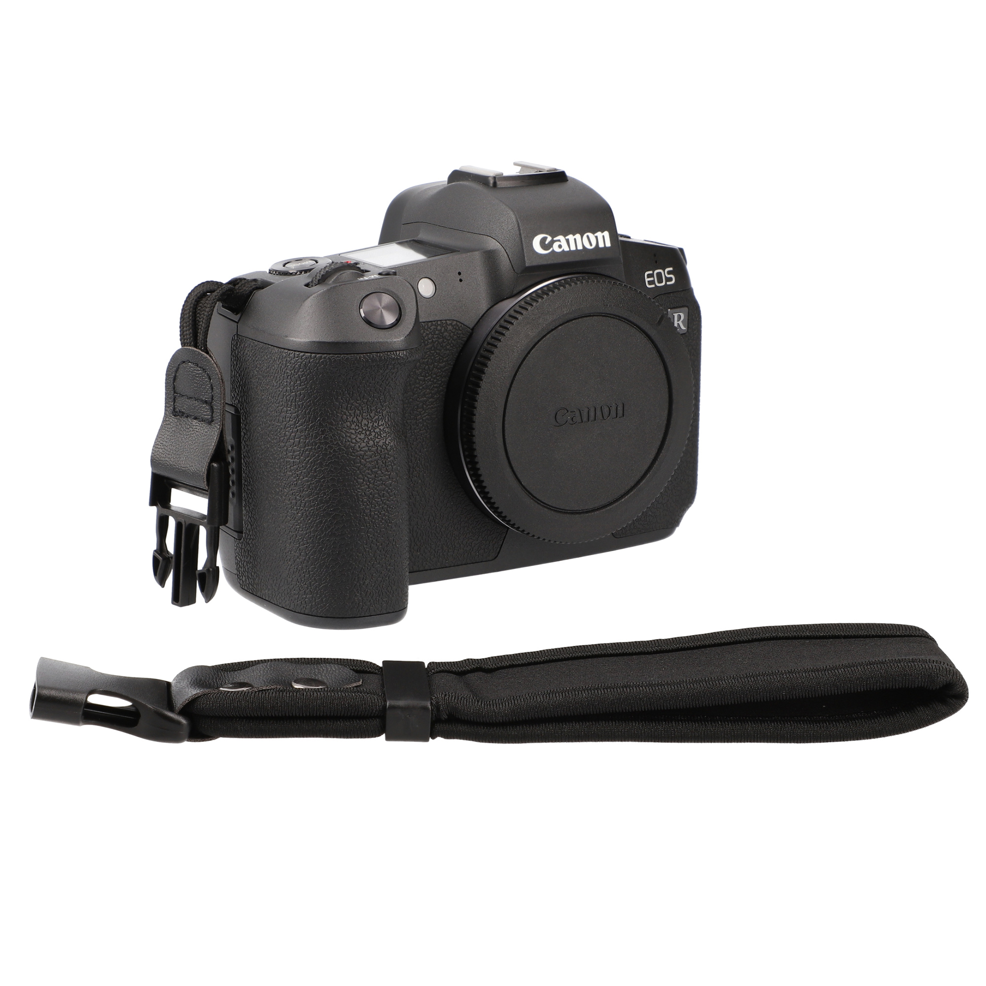 Schwarze Canon EOS R Kamera mit Objektivdeckel und schwarzem Handgelenkgurt, vor weißem Hintergrund.