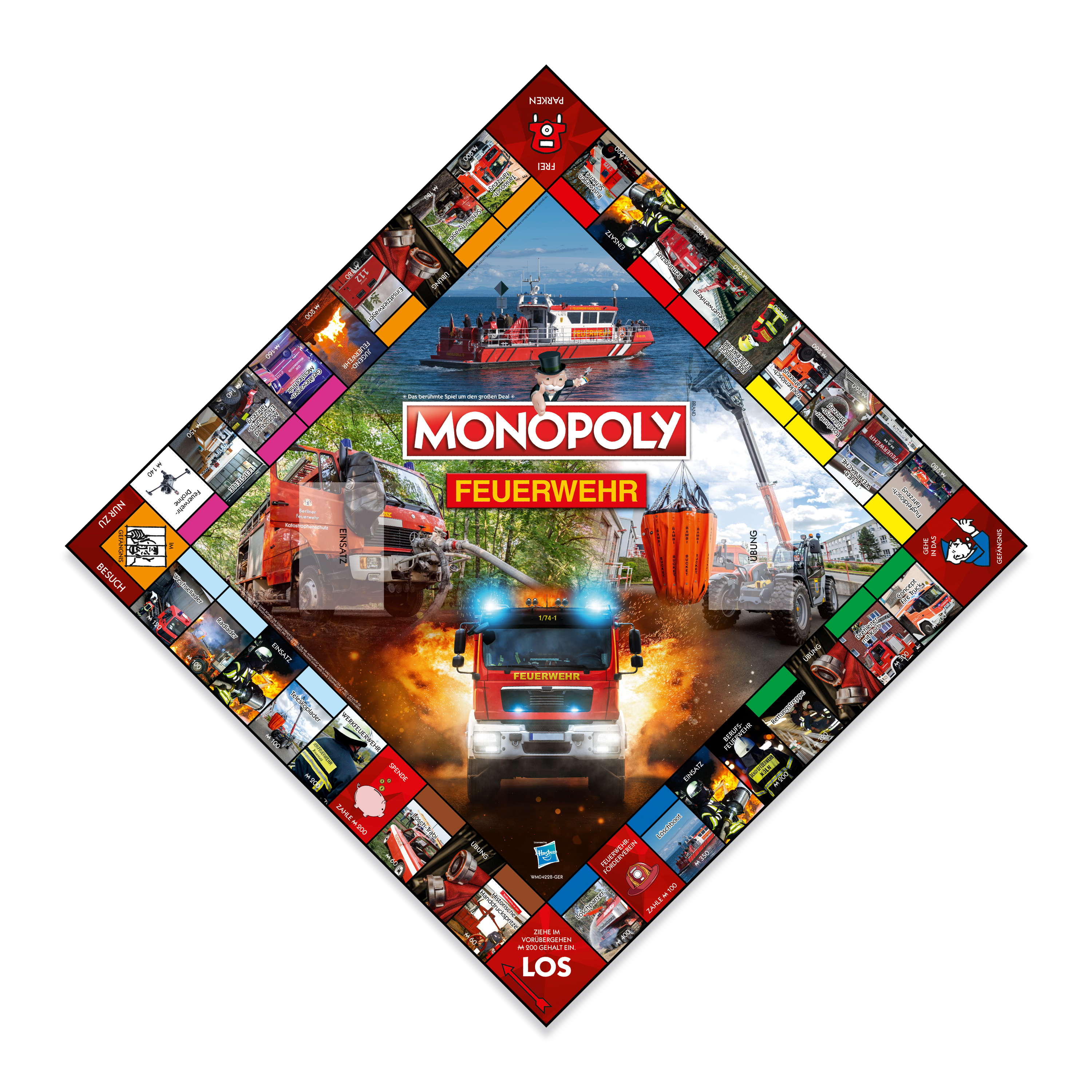 Monopoly Feuerwehr Brettspiel mit Feuerwehrwagen und Rettungsszenen.