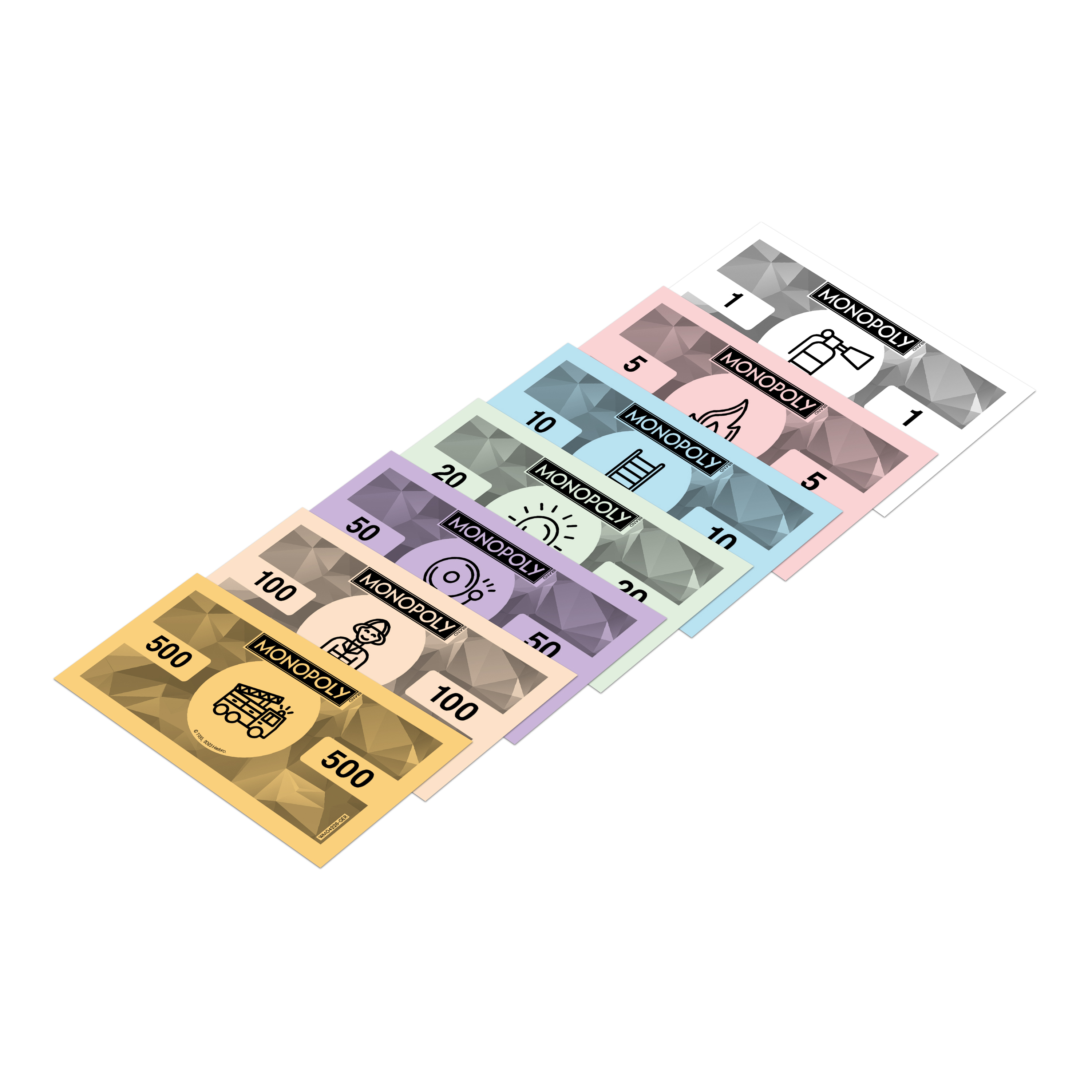 Monopoly-Geld in verschiedenen Stückelungen, fächerförmig angeordnet auf weißem Hintergrund.