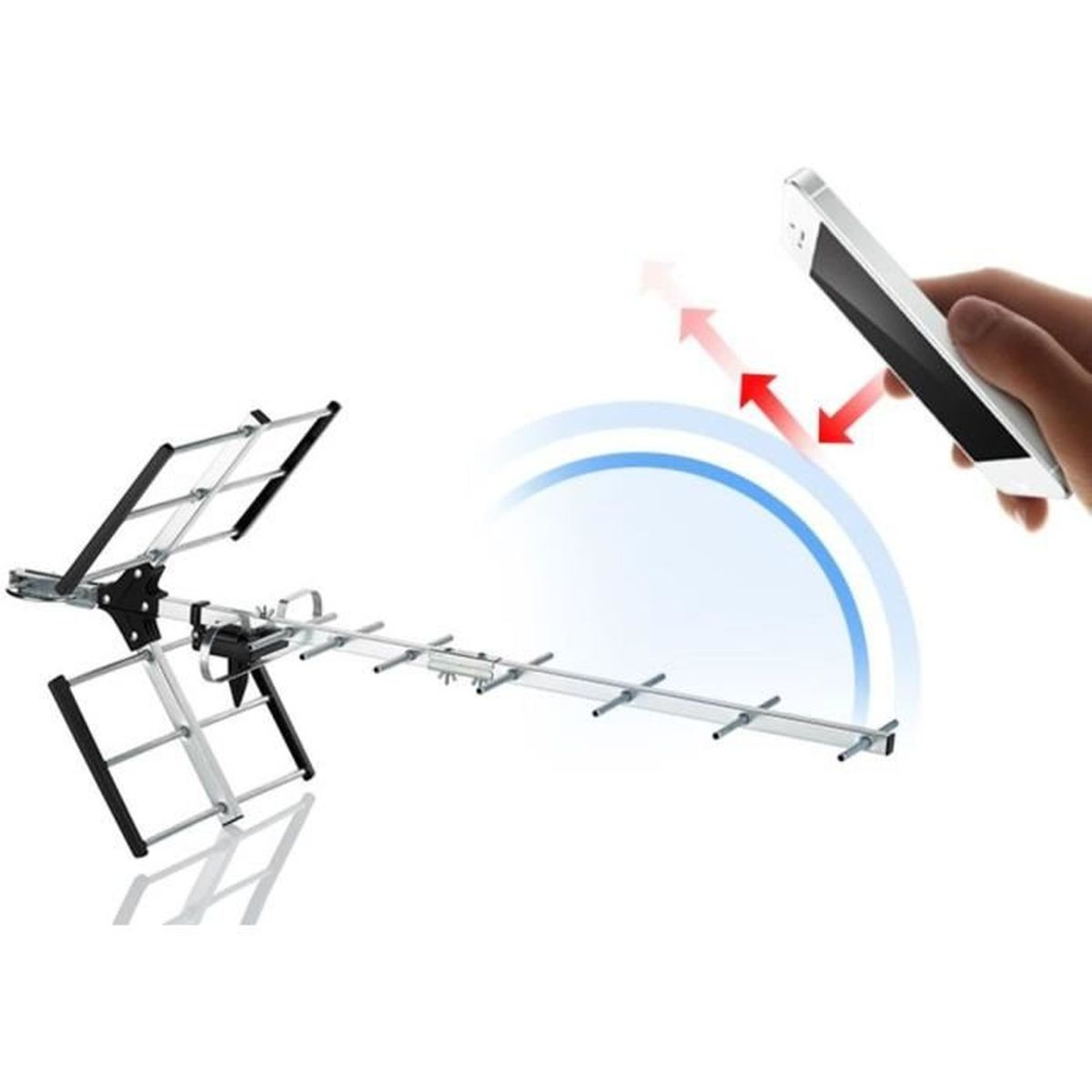 Antenne mit Telefon und blauem Signal-Grafik.