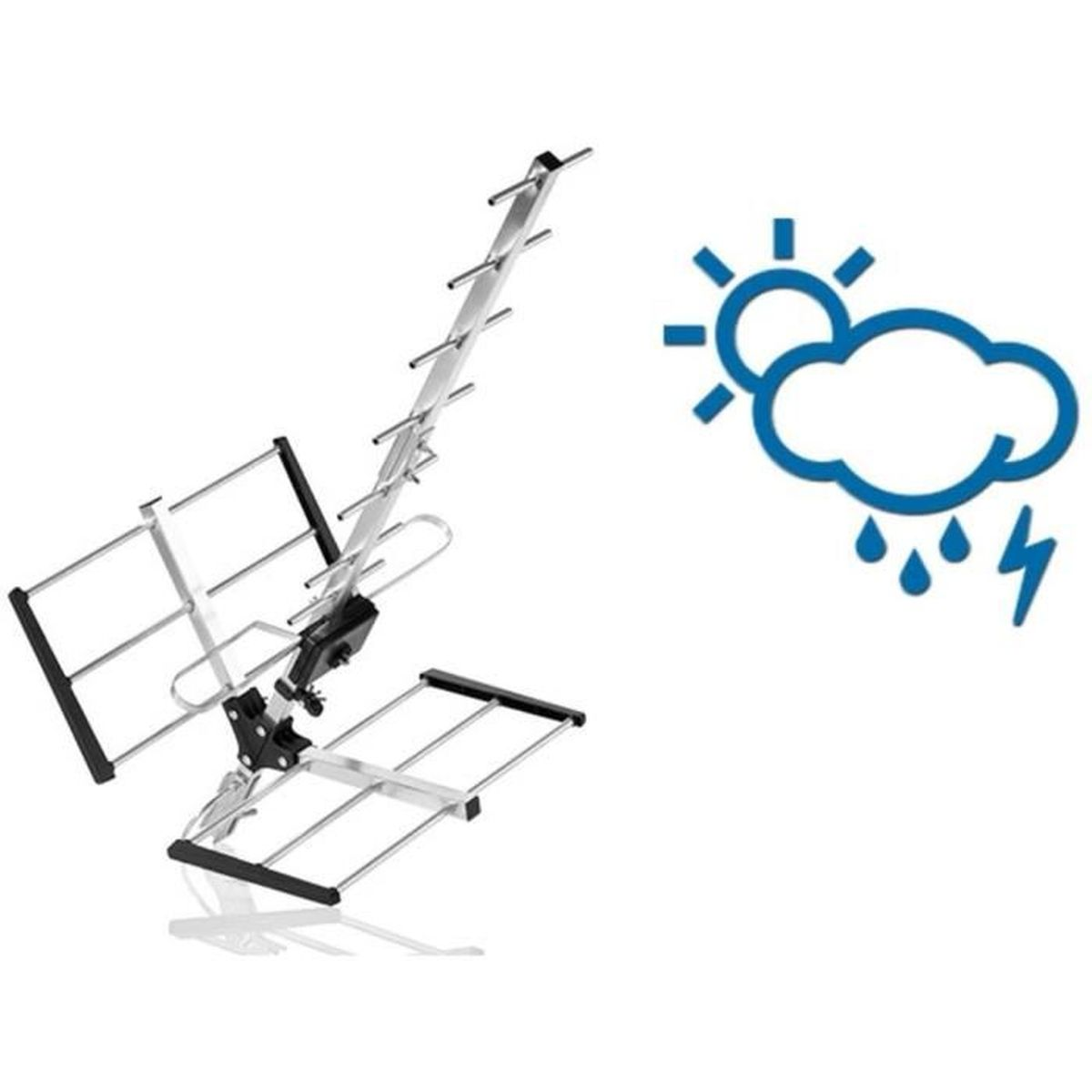 Silberne TV-Antenne und Wettersymbole, Regen und Sonne, vor weißem Hintergrund.