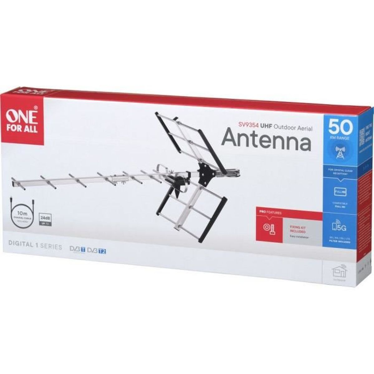 Verpackte Außenantenne mit Antennendiagramm und Produktinformationen.