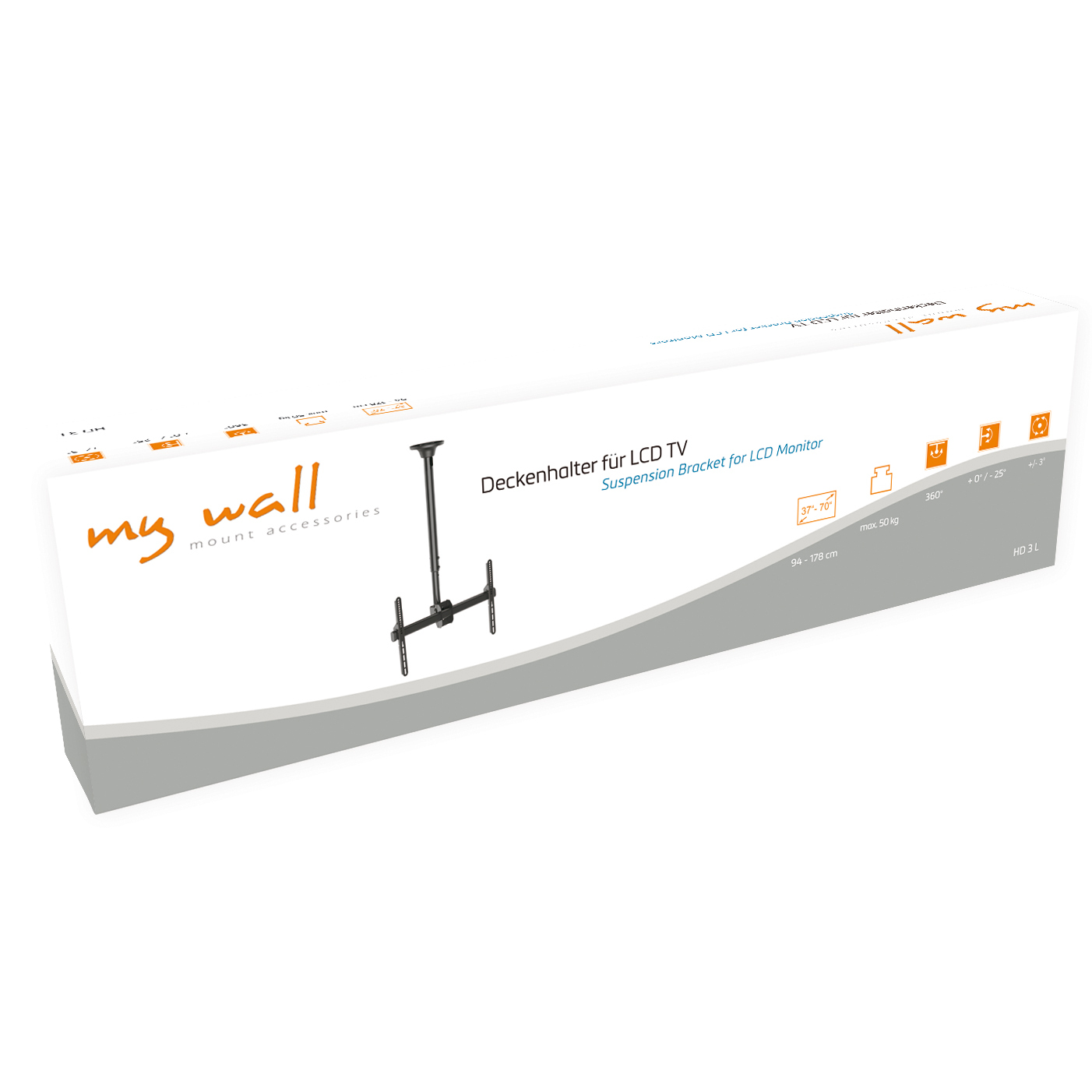 TV-Deckenhalterung-Box. Weiße Box mit Text, Grafik und Produktdetails.