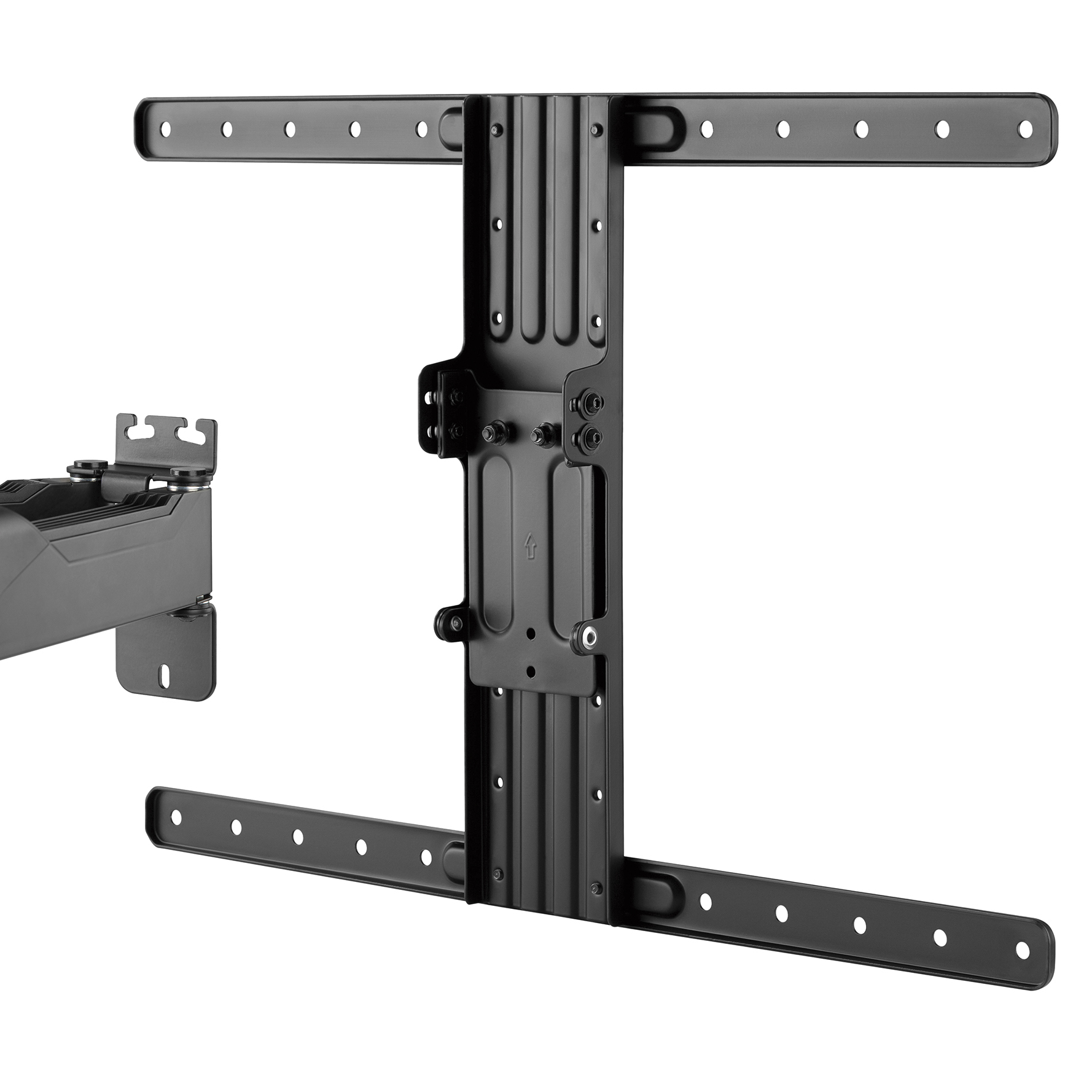 Schwarze Wandhalterung für einen Fernseher, Komponenten und Schrauben enthalten. Ein separater Arm ist ebenfalls gezeigt.