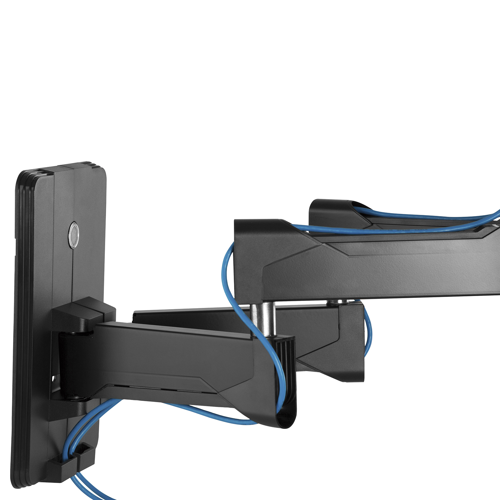 Schwarze TV-Wandhalterung mit blauen Kabeln. Unterstützt zwei TVs, verstellbares Design.