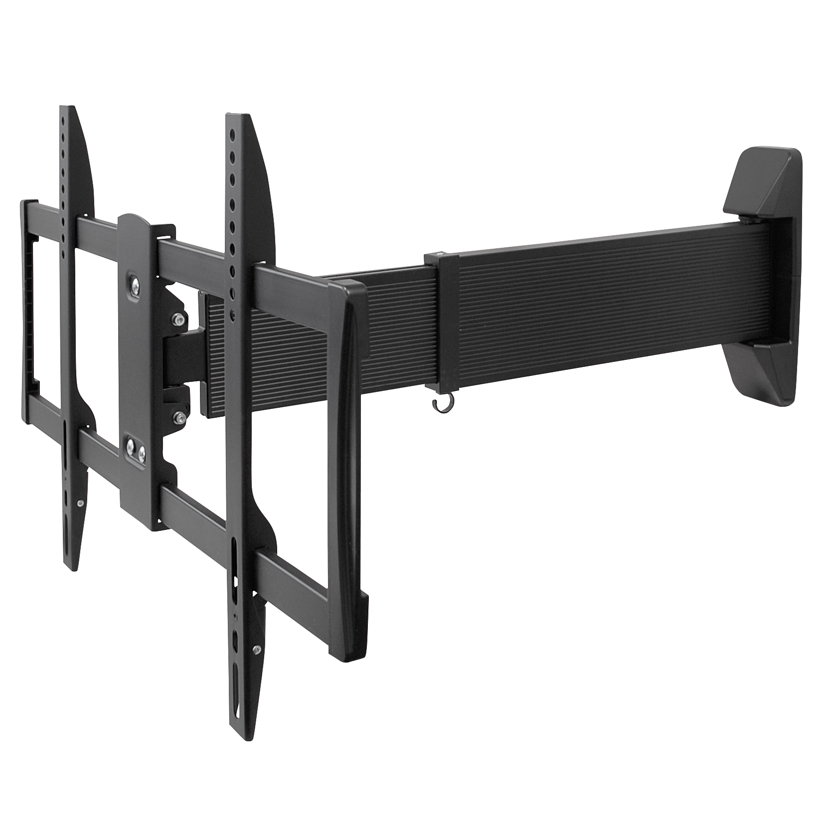 Schwarze TV-Wandhalterung. Hat einen langen Arm zum Ausfahren des Fernsehers und ist aus Metall.