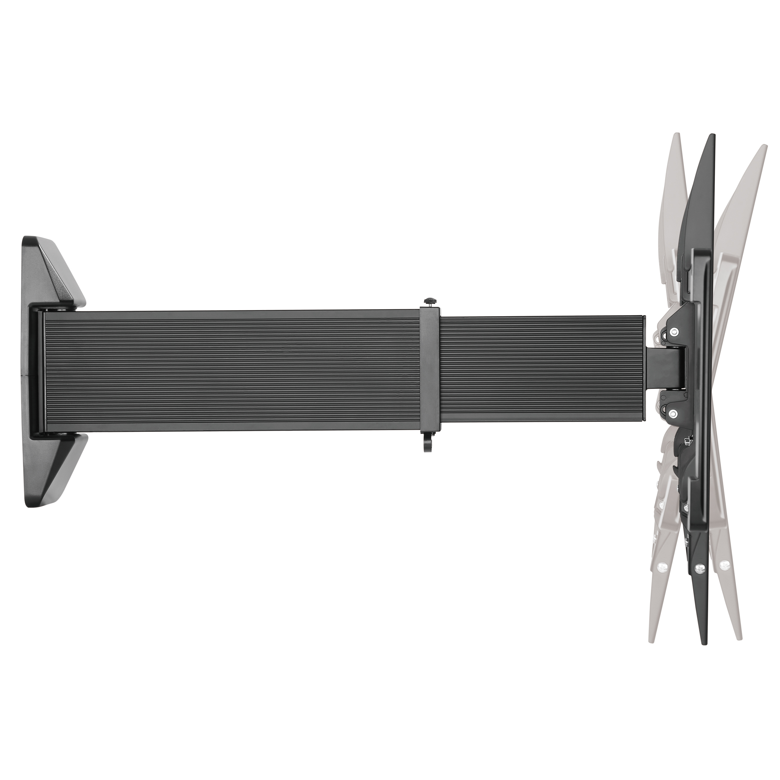Eine schwarze, bewegliche TV-Wandhalterung, die den schwenkbaren Arm zeigt.