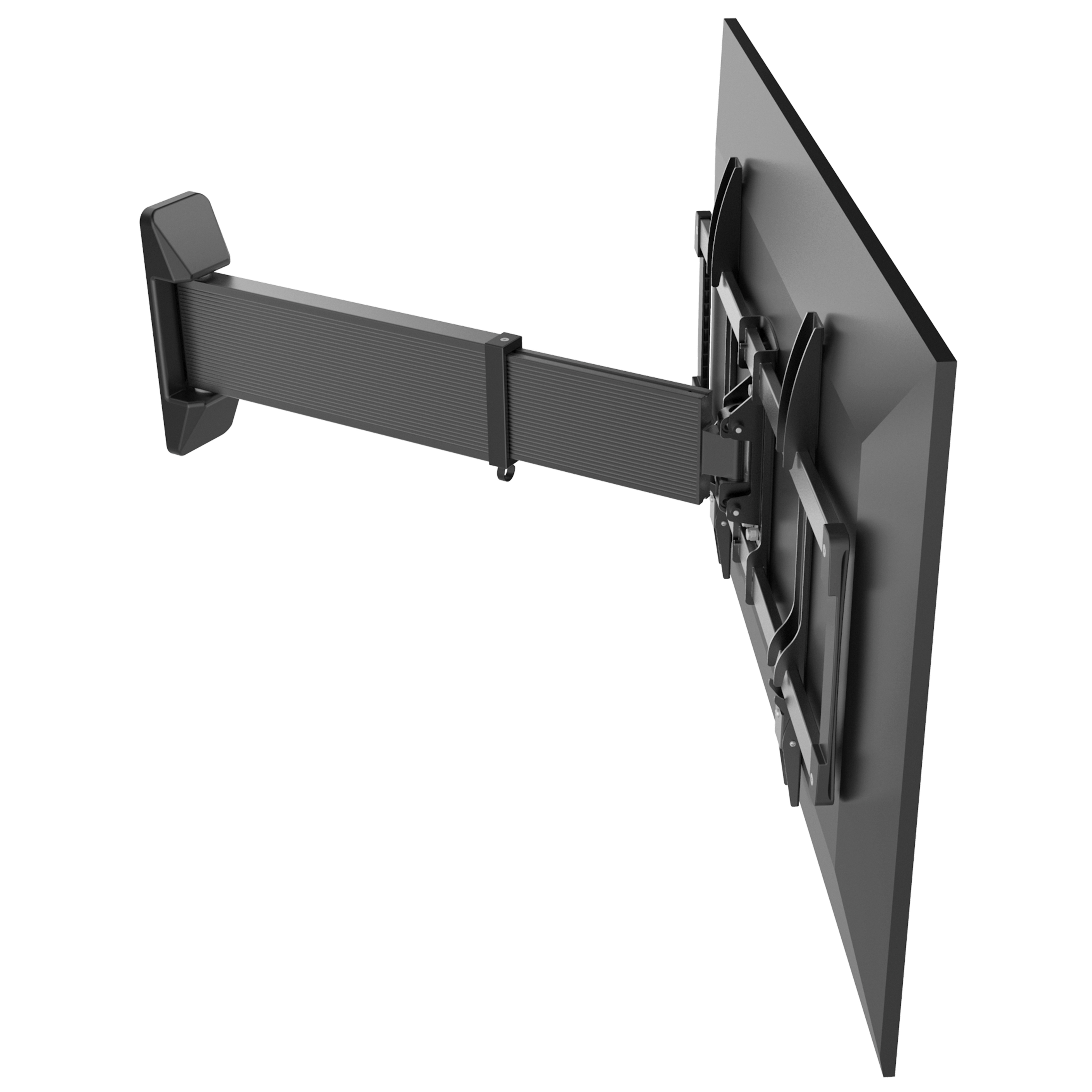 Ein schwarzer Fernseher, montiert an einem schwarzen Arm, vor weißem Hintergrund. Sichtbare Anschlüsse.