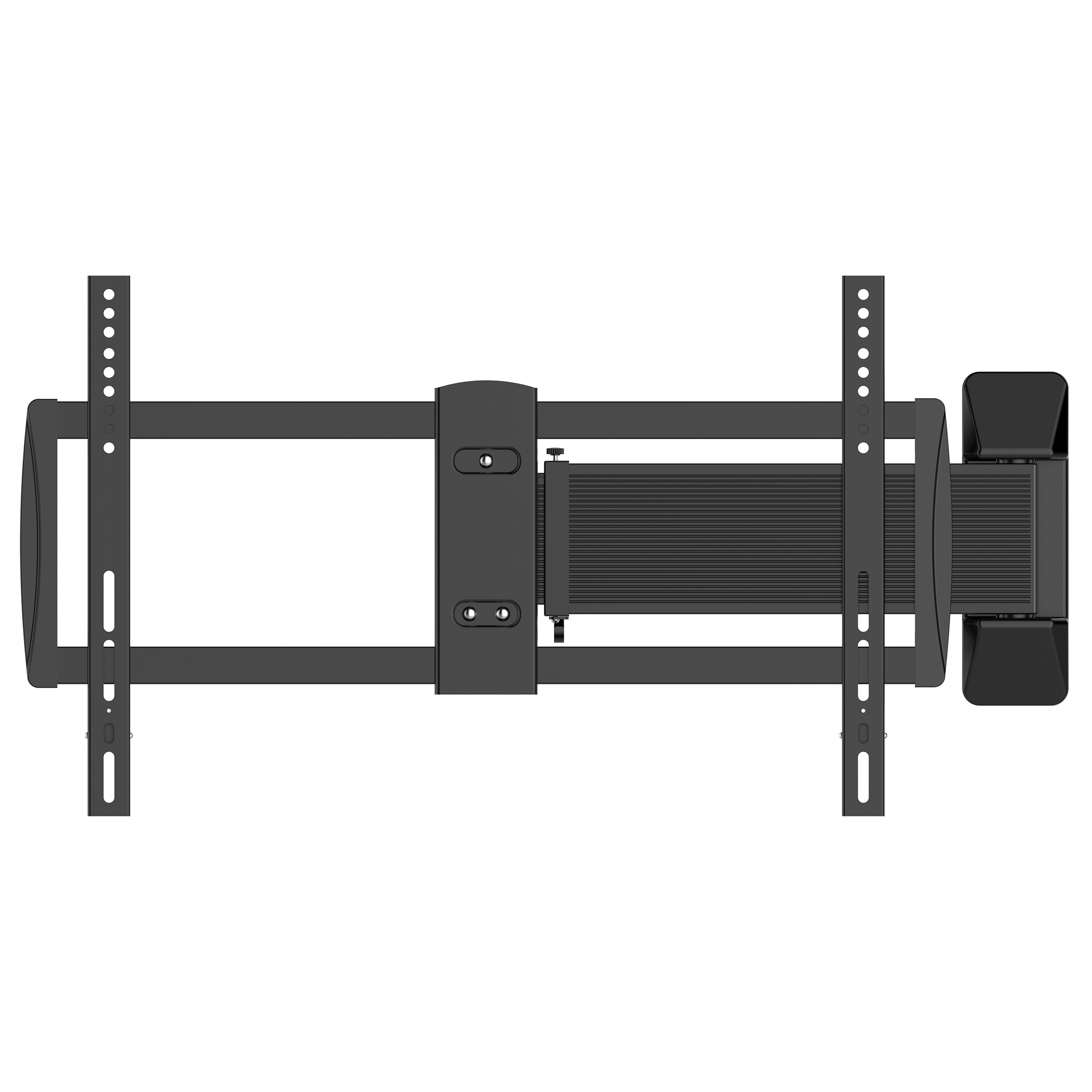 Eine schwarze TV-Wandhalterung, Draufsicht. Zeigt die Halterungen, den verstellbaren Arm und die Befestigungsmerkmale.