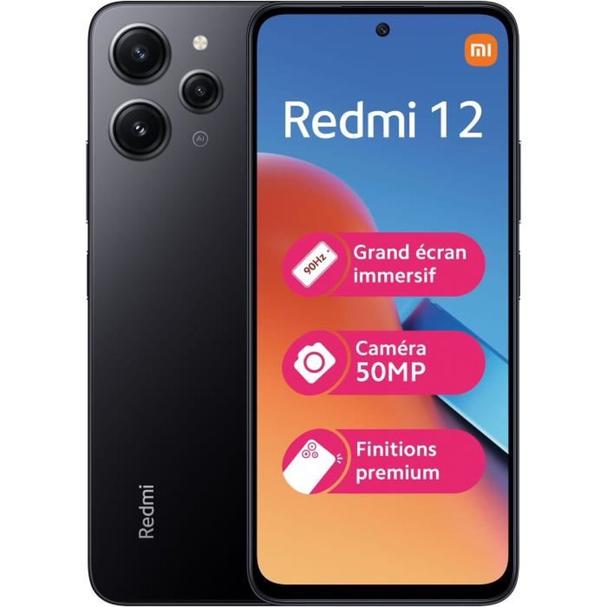 Schwarzes Smartphone mit Dreifachkamera, Bildschirm mit Text: Redmi 12 und pinken Elementen.