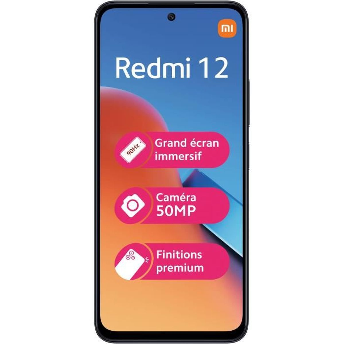 Smartphone mit Text auf dem Bildschirm, rote und rosa Akzente, weißer Hintergrund.