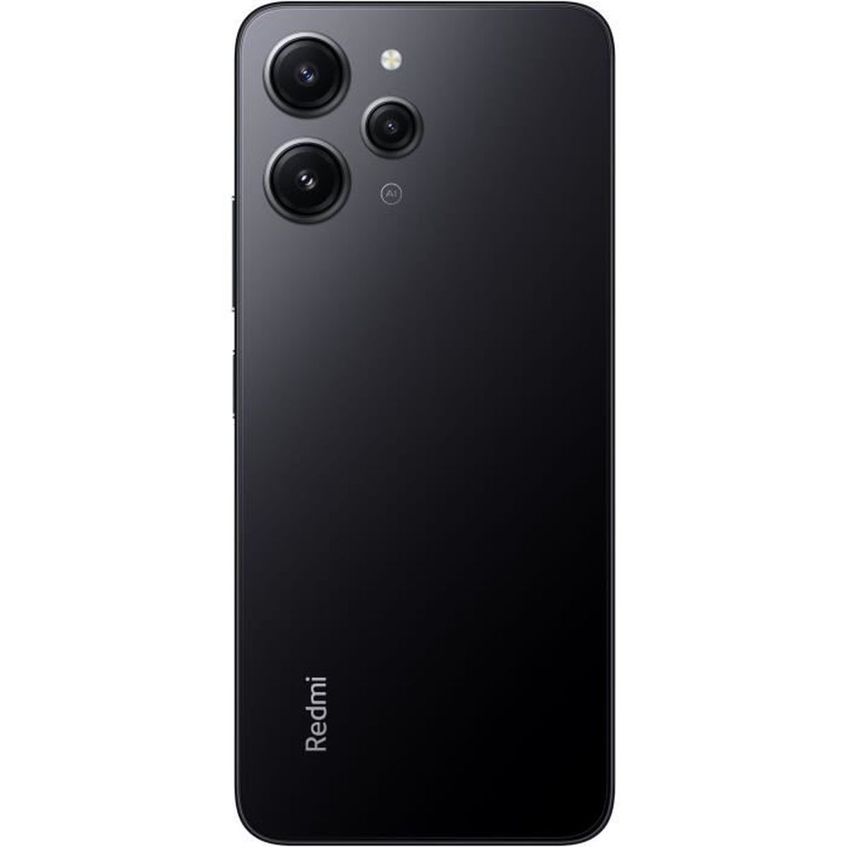 Schwarze Smartphone-Rückseite mit drei Kameras, Redmi-Logo und schlankem Design.