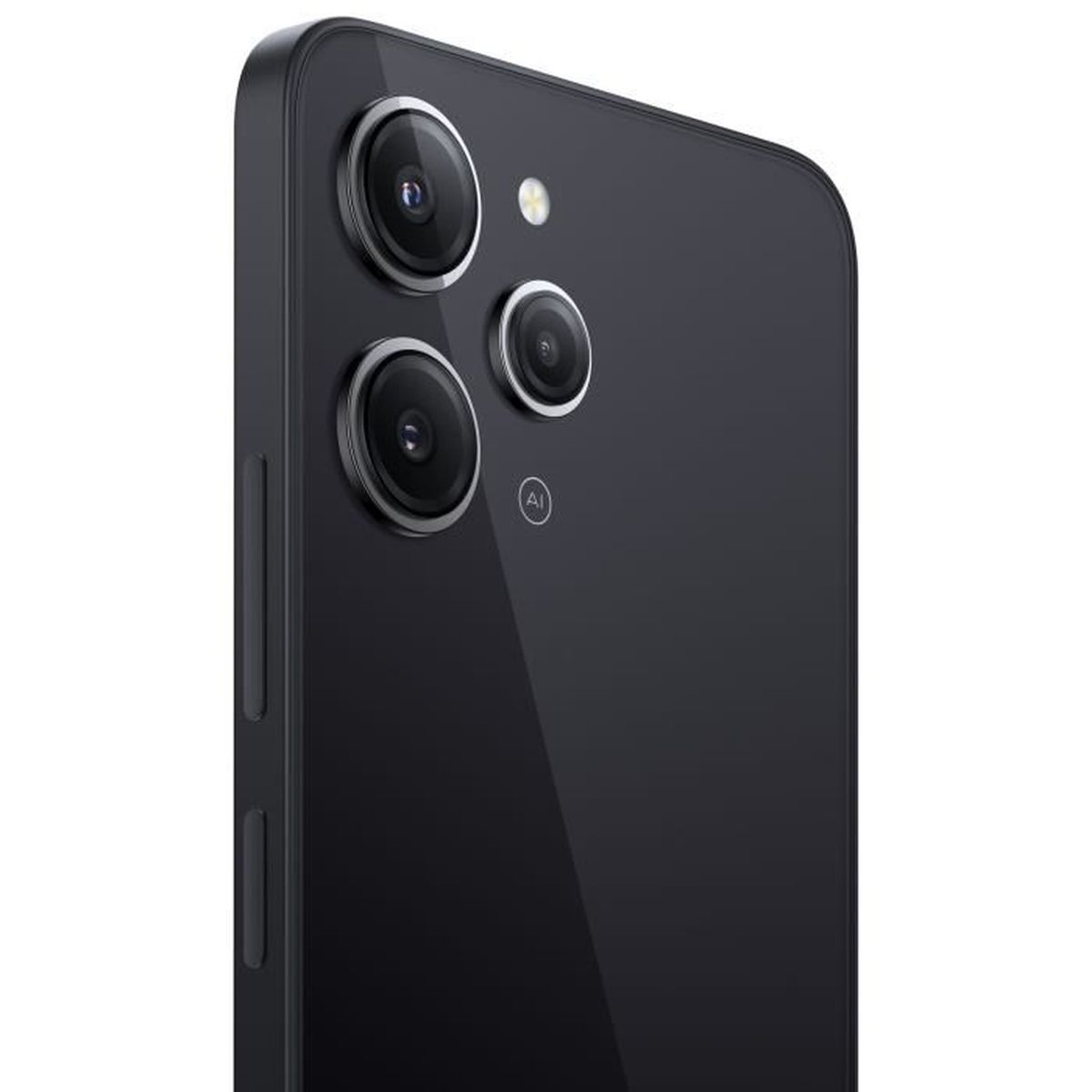 Schwarzes Smartphone mit drei Rückkameras. Die Rückseite ist glänzend mit AI-Logo.