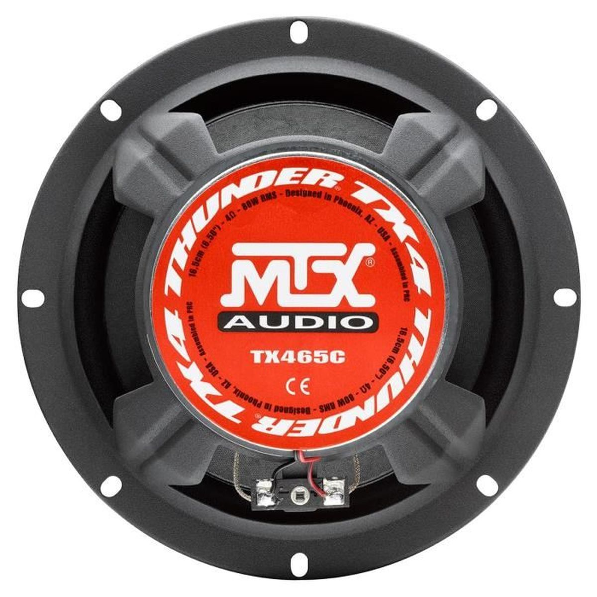 Schwarzer und roter Lautsprecher mit dem Markennamen MTX Audio und dem Modell TX465C; weißer Hintergrund.