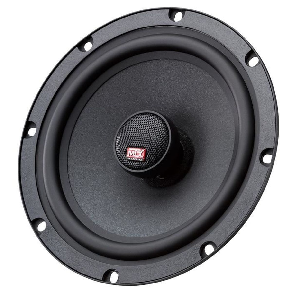 Ein schwarzer Auto-Lautsprecher mit zentralem Mesh und rotem MF AUDIO-Logo.