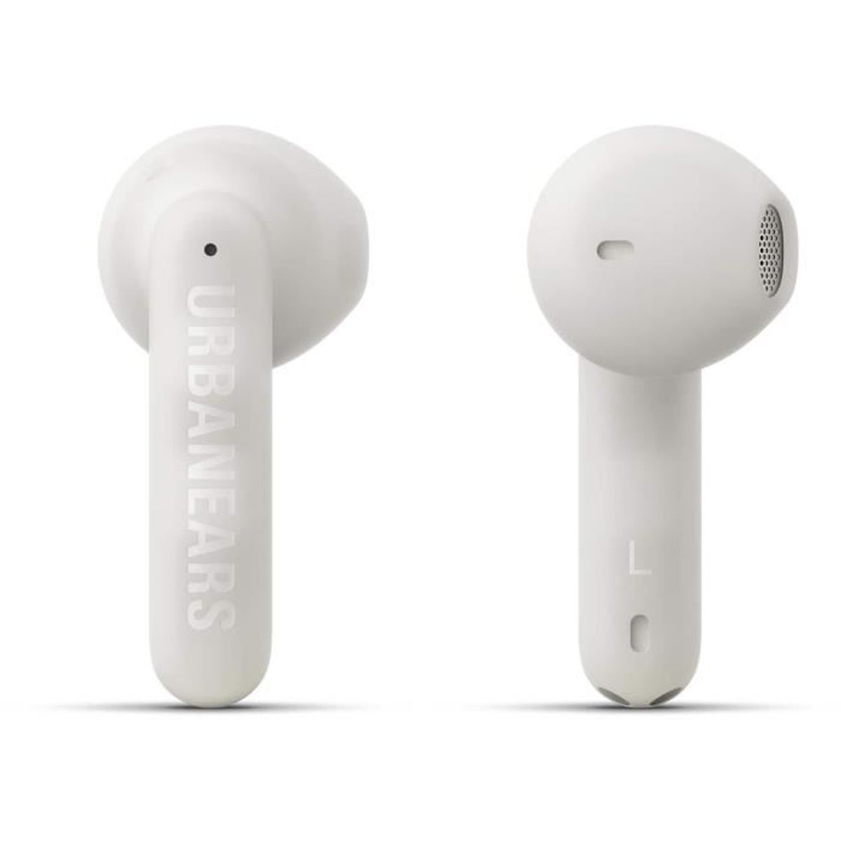 Zwei weiße Urbanears-Ohrhörer. Einer mit Text, der andere mit einem kleinen Loch.
