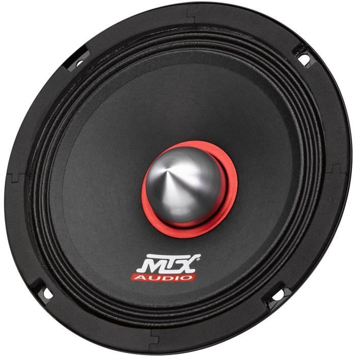 Schwarzer Lautsprecher mit rotem Akzent, runde Form, MTX AUDIO Logo auf weißem Grund.