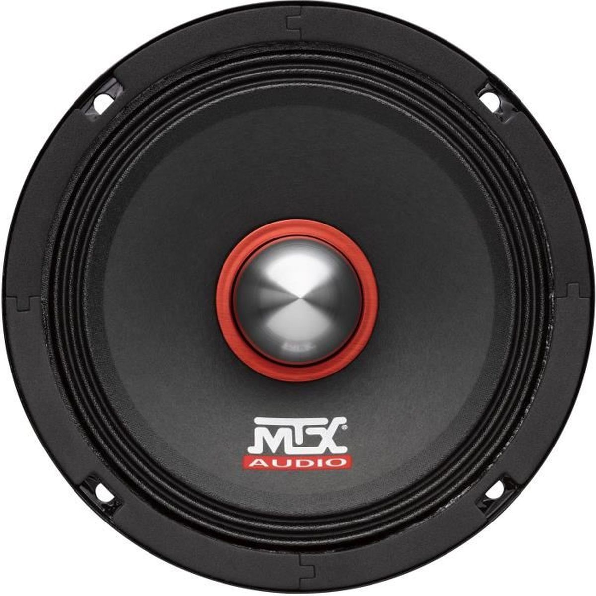 Ein schwarzer Lautsprecher mit rotem Ring und silbernem Mittelteil. Er hat das MSX AUDIO-Logo. Der Hintergrund ist schwarz.