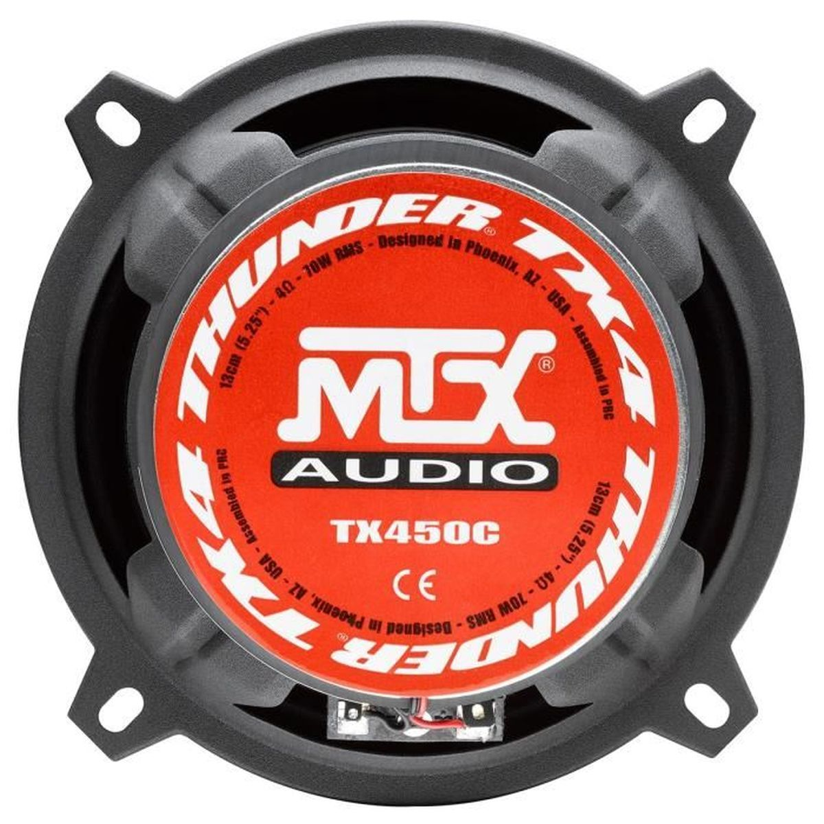 Ein kreisförmiger Lautsprecher mit roter Mitte, beschriftet MTX Audio, umgeben von Schwarz.