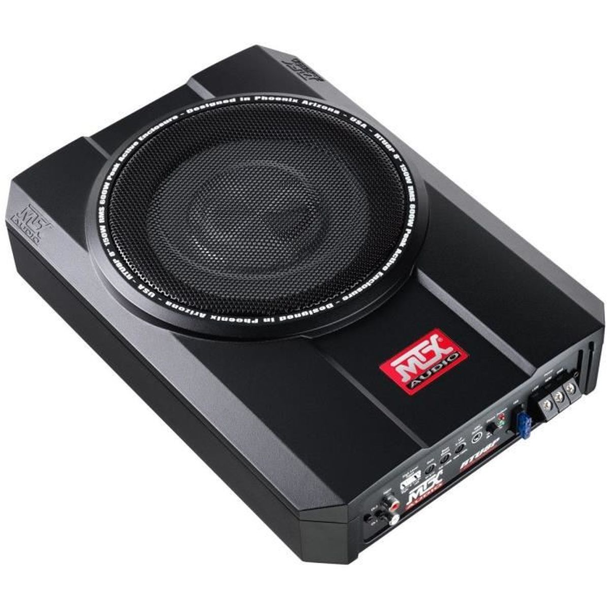 Ein schwarzer Auto-Subwoofer mit dem MSX Audio-Logo. Er ist rechteckig mit einem Mesh-Gitter.