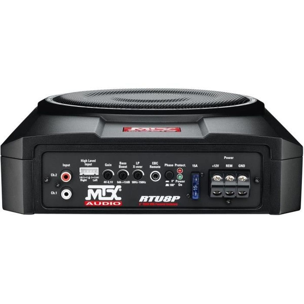 Schwarzer MSX Audio Subwoofer mit verschiedenen Ein- und Ausgängen und Leistungsanzeigen.