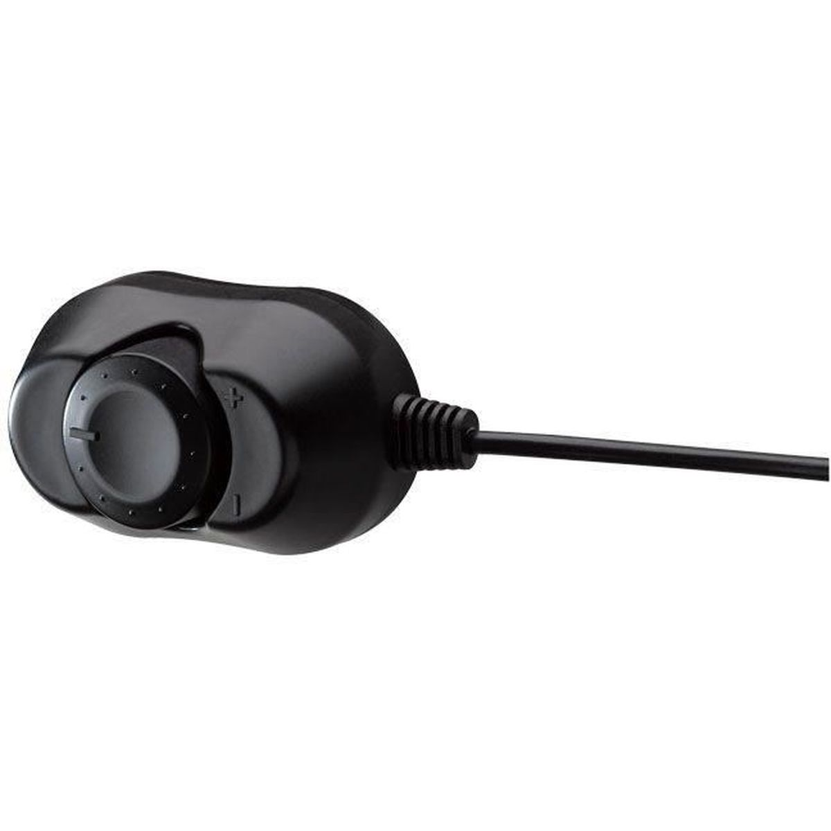 Eine schwarze Fernbedienung mit einem Drehknopf und einem Kabel. Es hat eine ovale Form.