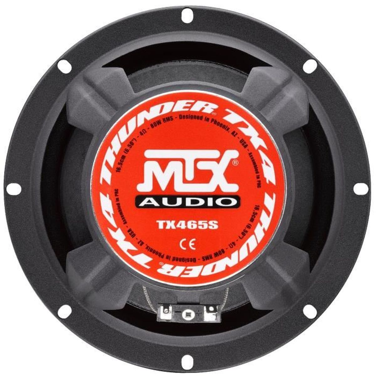 Ein schwarzer Lautsprecher mit einem rot-schwarzen MTX Audio-Etikett. Schwarzer Hintergrund.