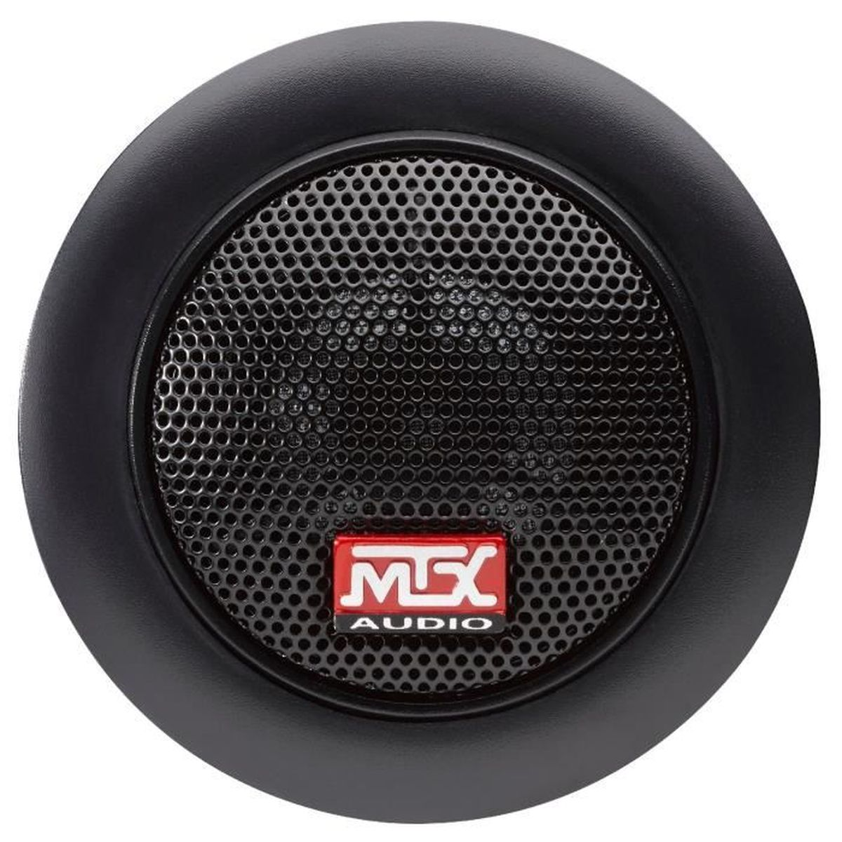 Runder schwarzer Lautsprecher mit rotem 'MTX AUDIO'-Logo und schwarzem Gitter.