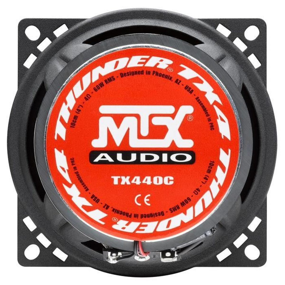 Ein schwarzer und roter MTX-Audiolautsprecher mit prominentem MTX-Logo.