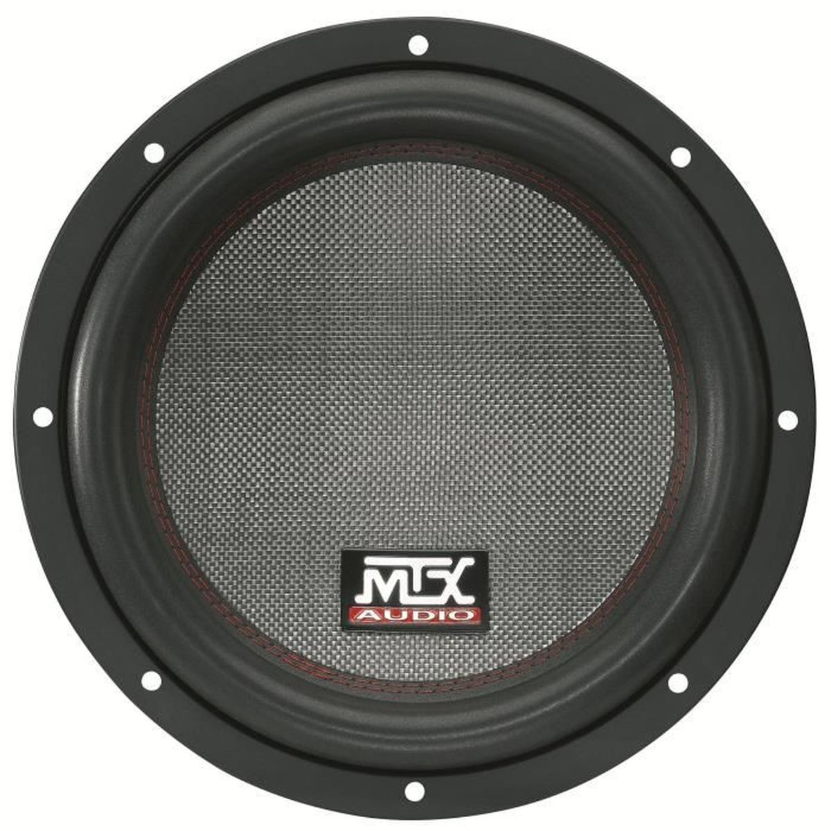 Ein schwarzer Subwoofer mit silbernem Netzmittelteil und rotem Ring um den Lautsprecher.