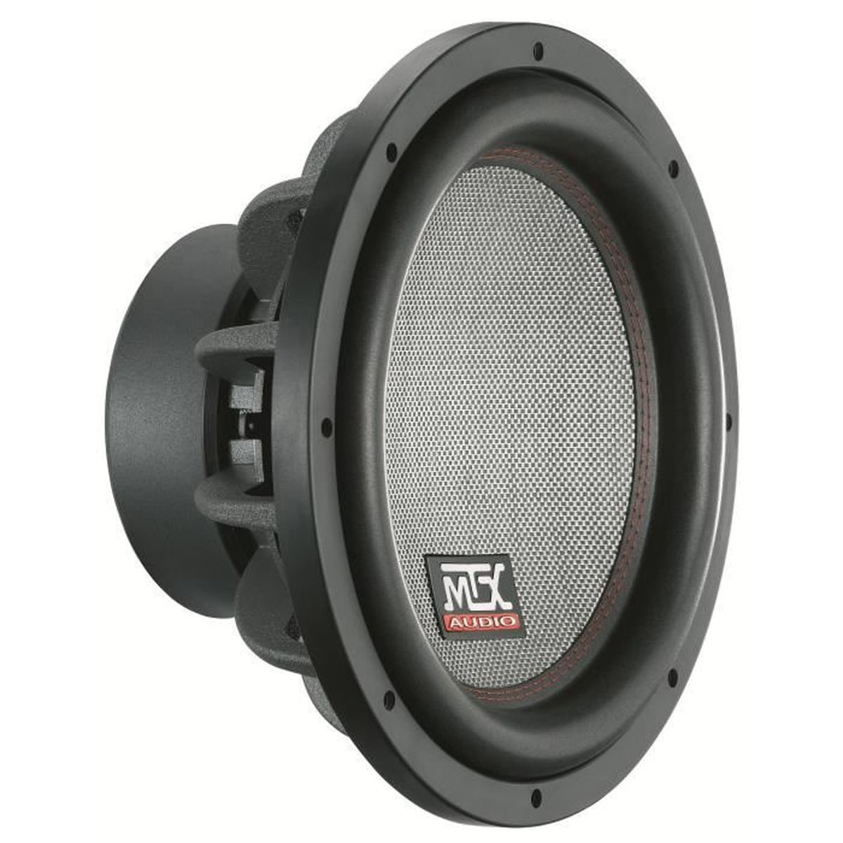 Schwarzer Subwoofer mit einem Netzmittelpunkt. Der Lautsprecher hat einen schwarzen Rand mit dem MGX Audio-Logo.