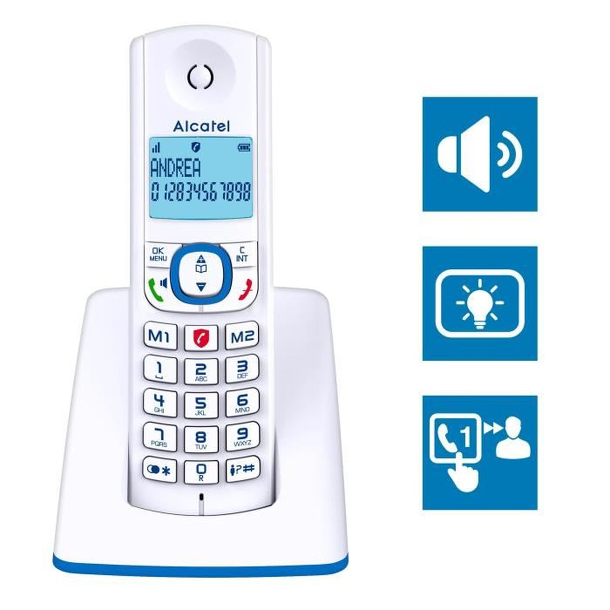 Telefono cordless Alcatel bianco su base di ricarica bianca, con tre icone blu a destra.