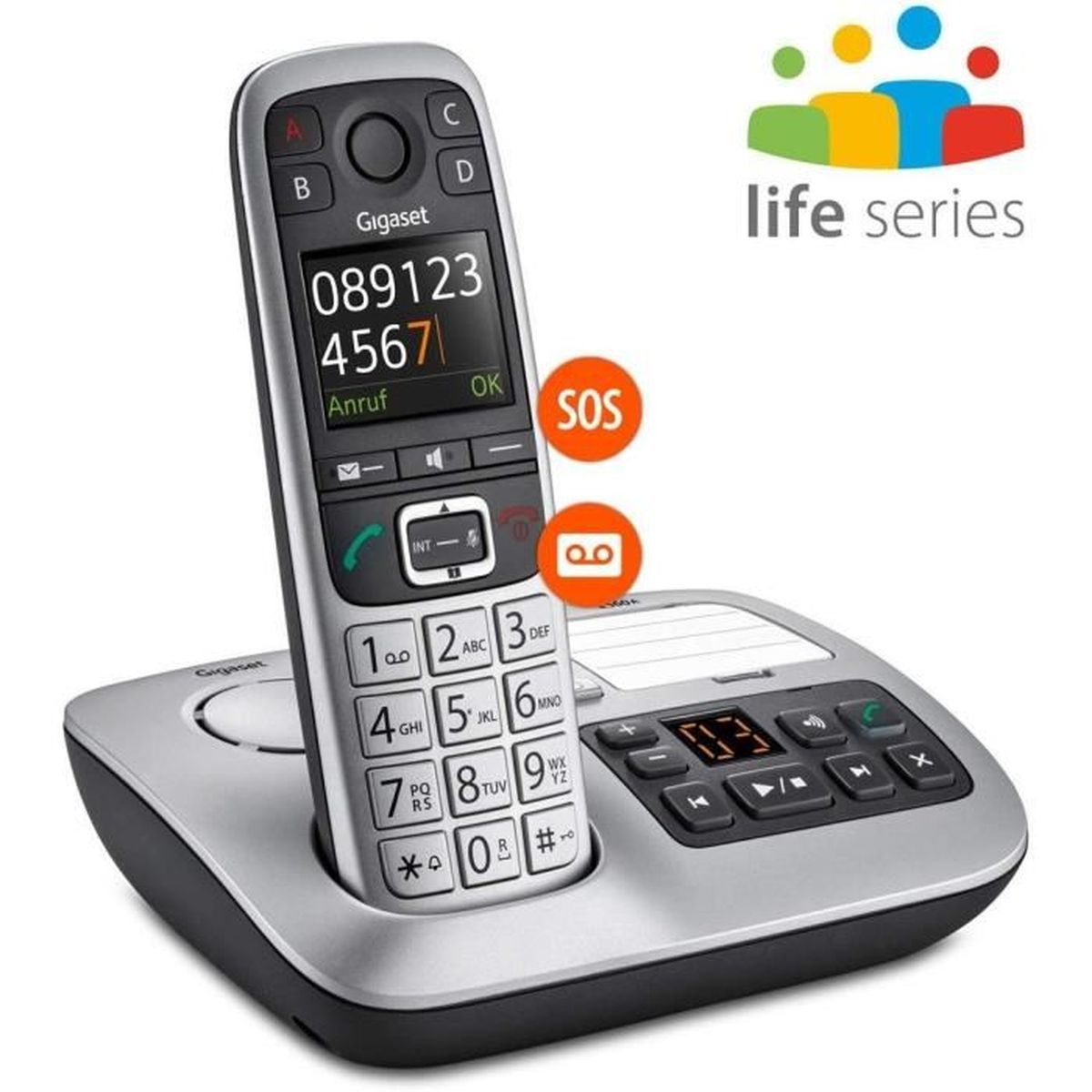 Silbernes Gigaset-Telefon mit Basisstation, Zifferntasten und Bildschirm.