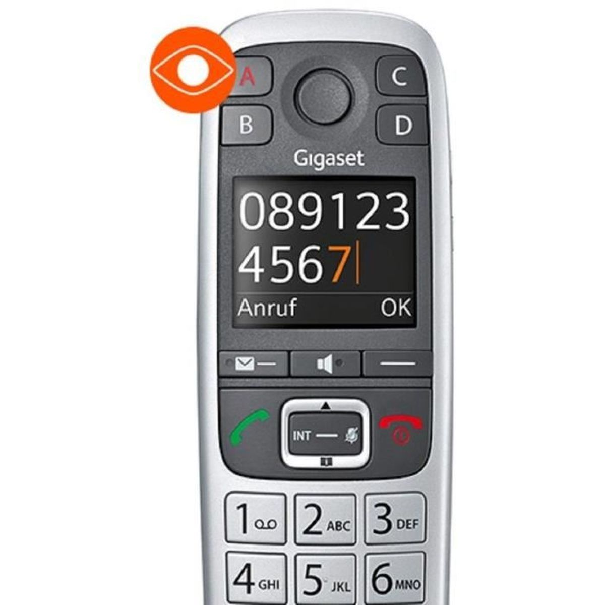 Graues Gigaset-Telefon mit Zifferntasten und Tasten. Der Bildschirm zeigt eine Nummer.