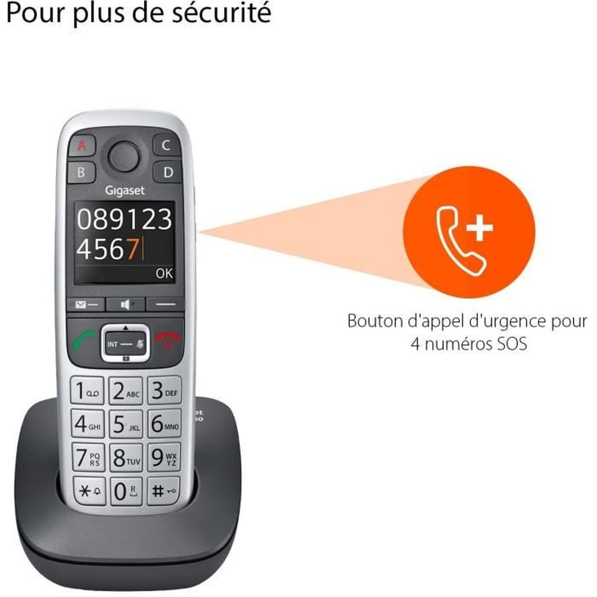 Weißes und graues Gigaset-Telefon auf seiner Ladestation mit einer orangefarbenen SOS-Taste.