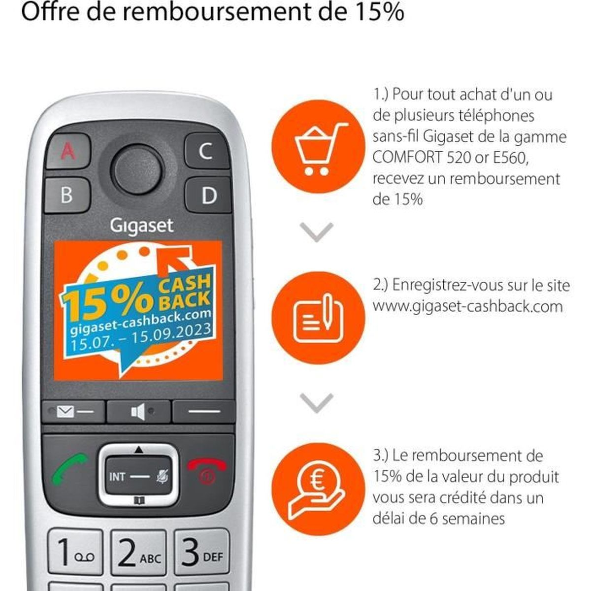 Ein Gigaset-Telefon mit 15 % Cashback-Angebot und Anweisungen zur Inanspruchnahme.