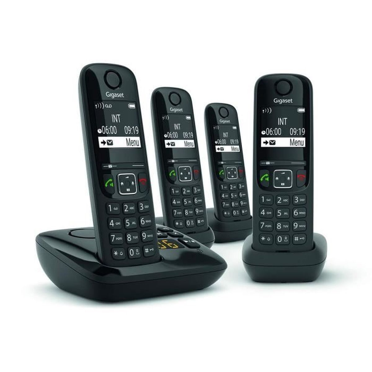 Ein Satz schwarzer Gigaset-Telefone auf einer Ladestation. Weißer Hintergrund.