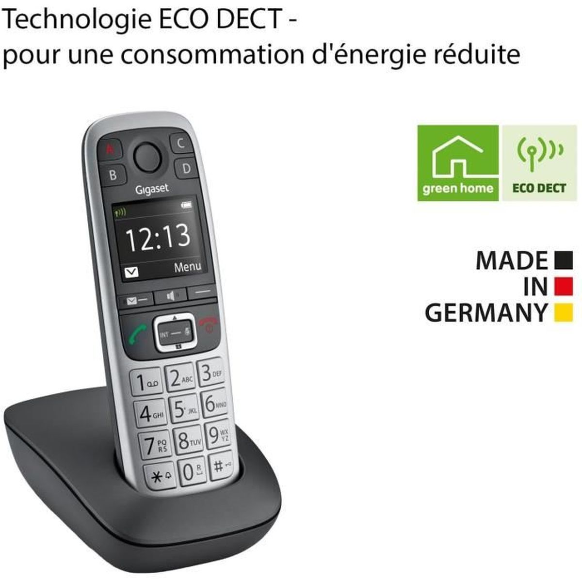 Schnurloses Telefon auf Ladestation, mit Anzeige von Uhrzeit und Tasten.