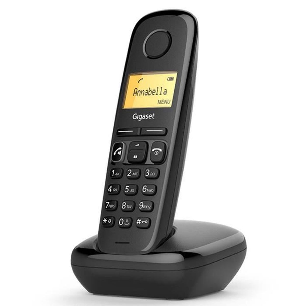 Schwarzes schnurloses Telefon auf Ladestation. Bildschirm zeigt "Annabella". Tasten und Nummern sind sichtbar.
