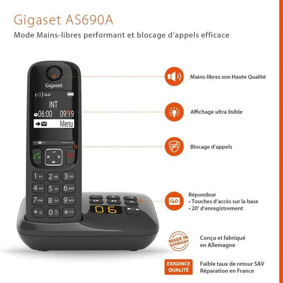 Schwarze Gigaset Telefonbasis und -hörer mit Symbolen.