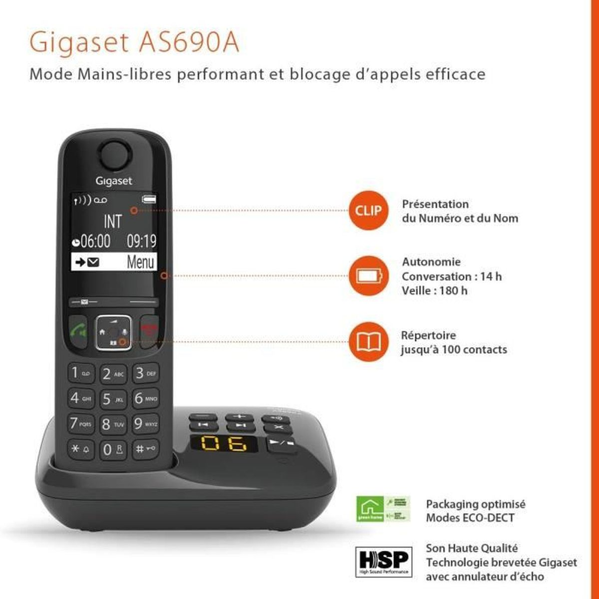 Schwarzes Gigaset AS690A Telefon mit Display, das Zeit und Symbole anzeigt, mit Infografiken drum herum.