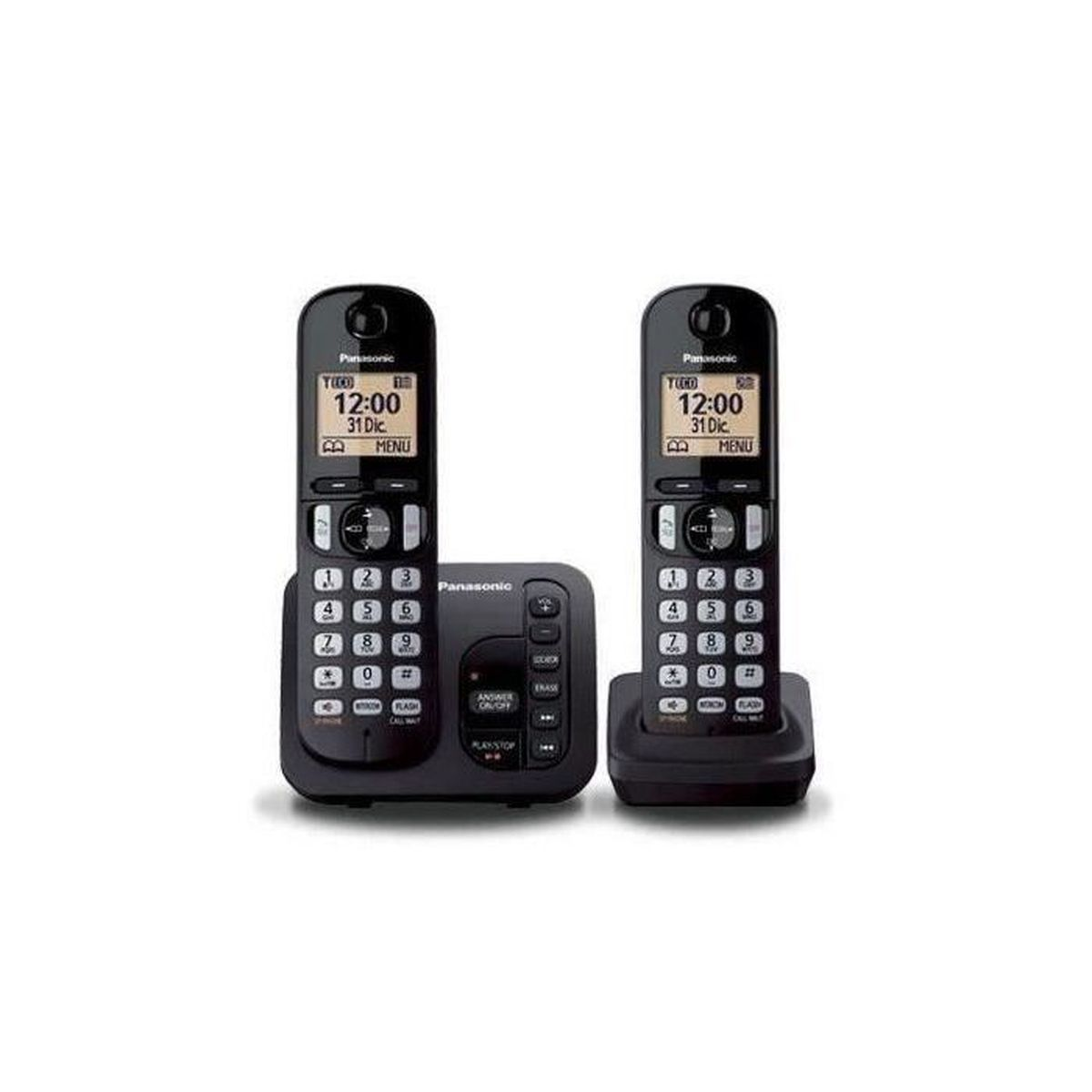 Set di telefoni cordless Panasonic neri con due portatili, una base e un caricatore.