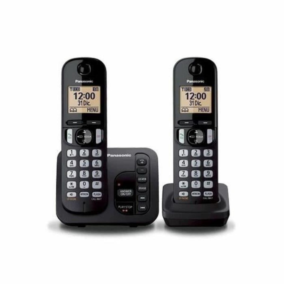 Set telefono cordless Panasonic nero con base, che mostra il display.