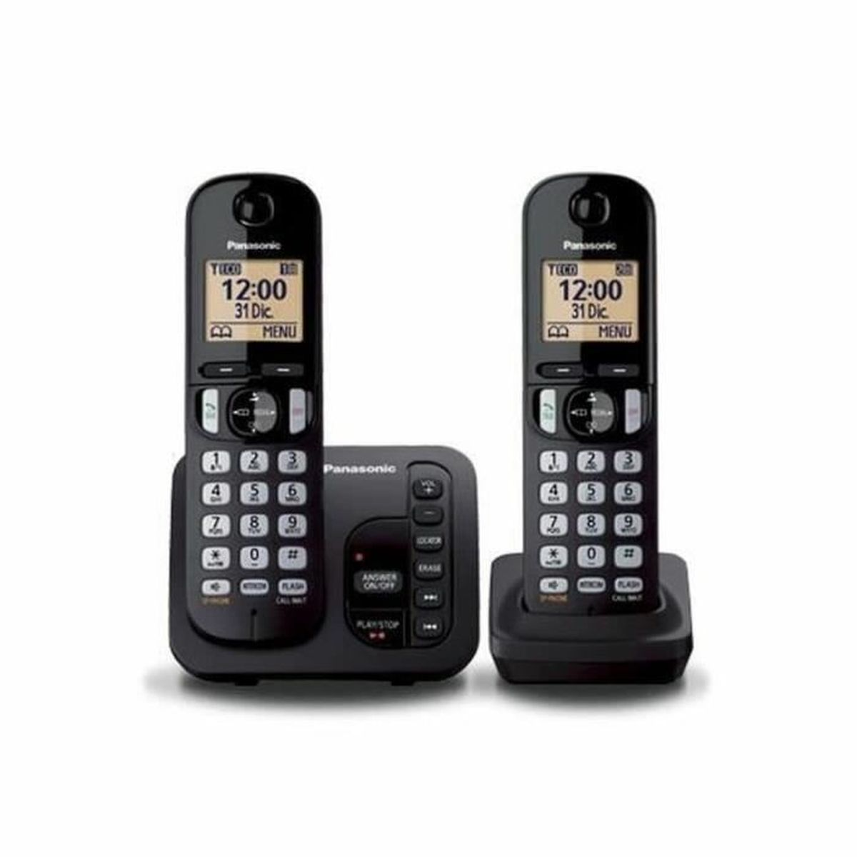Due telefoni cordless e una stazione base. I telefoni visualizzano ora e data.