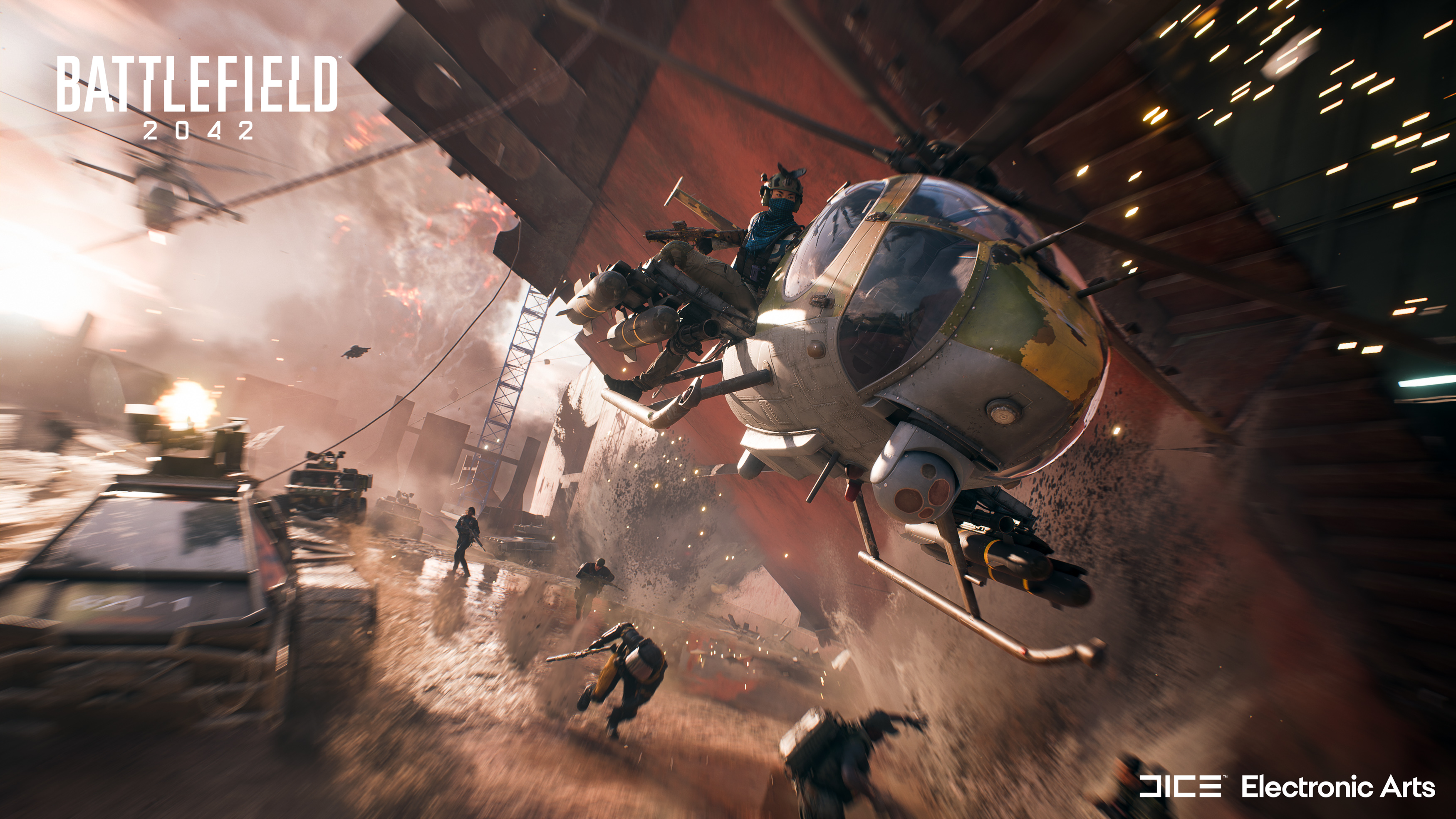 Battlefield 2042 Spielszene mit Hubschrauber und Soldaten im Kampf.