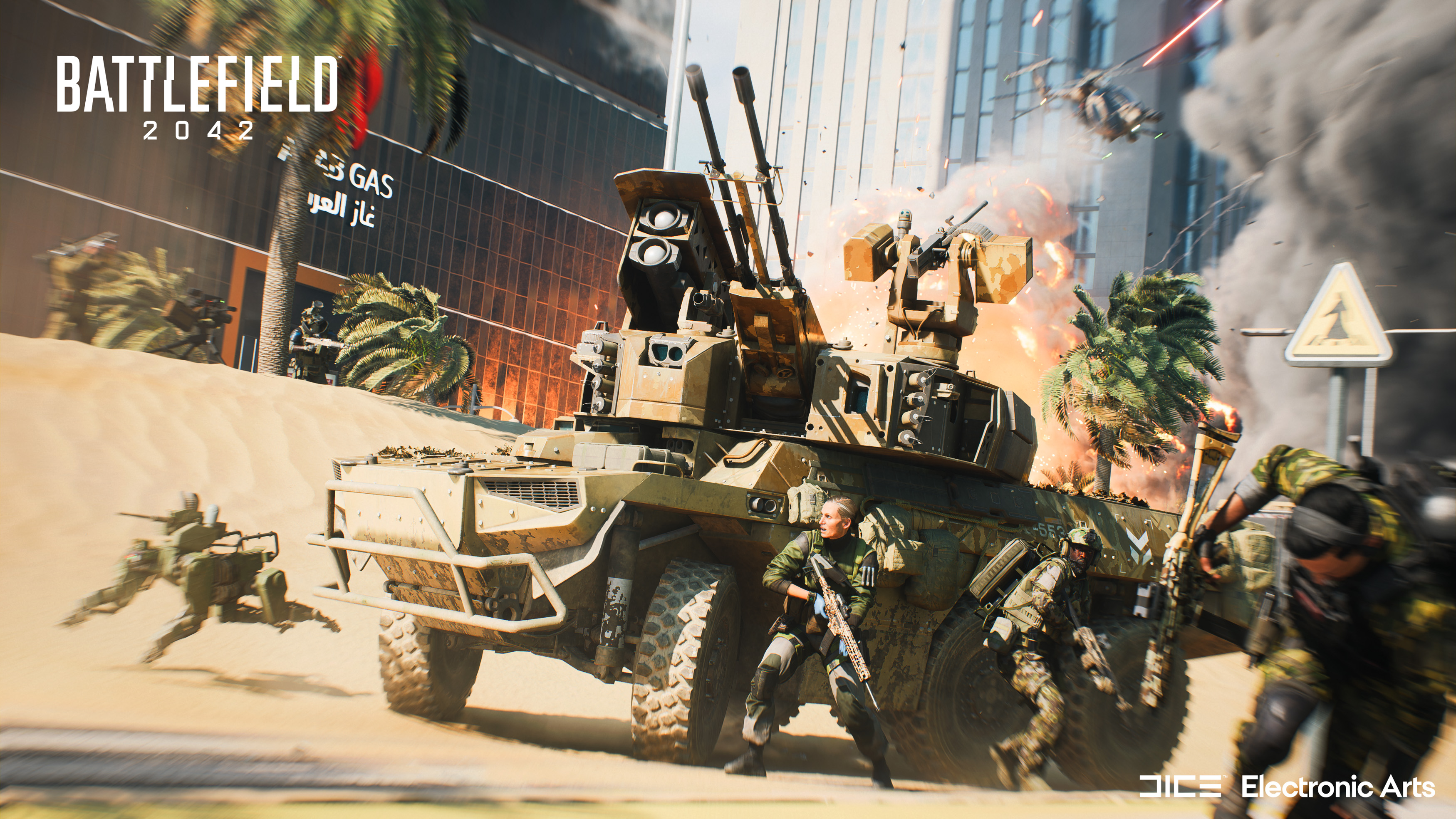 Battlefield 2042-Bild mit Soldaten, einem Panzer und einem Hubschrauber in Wüste.