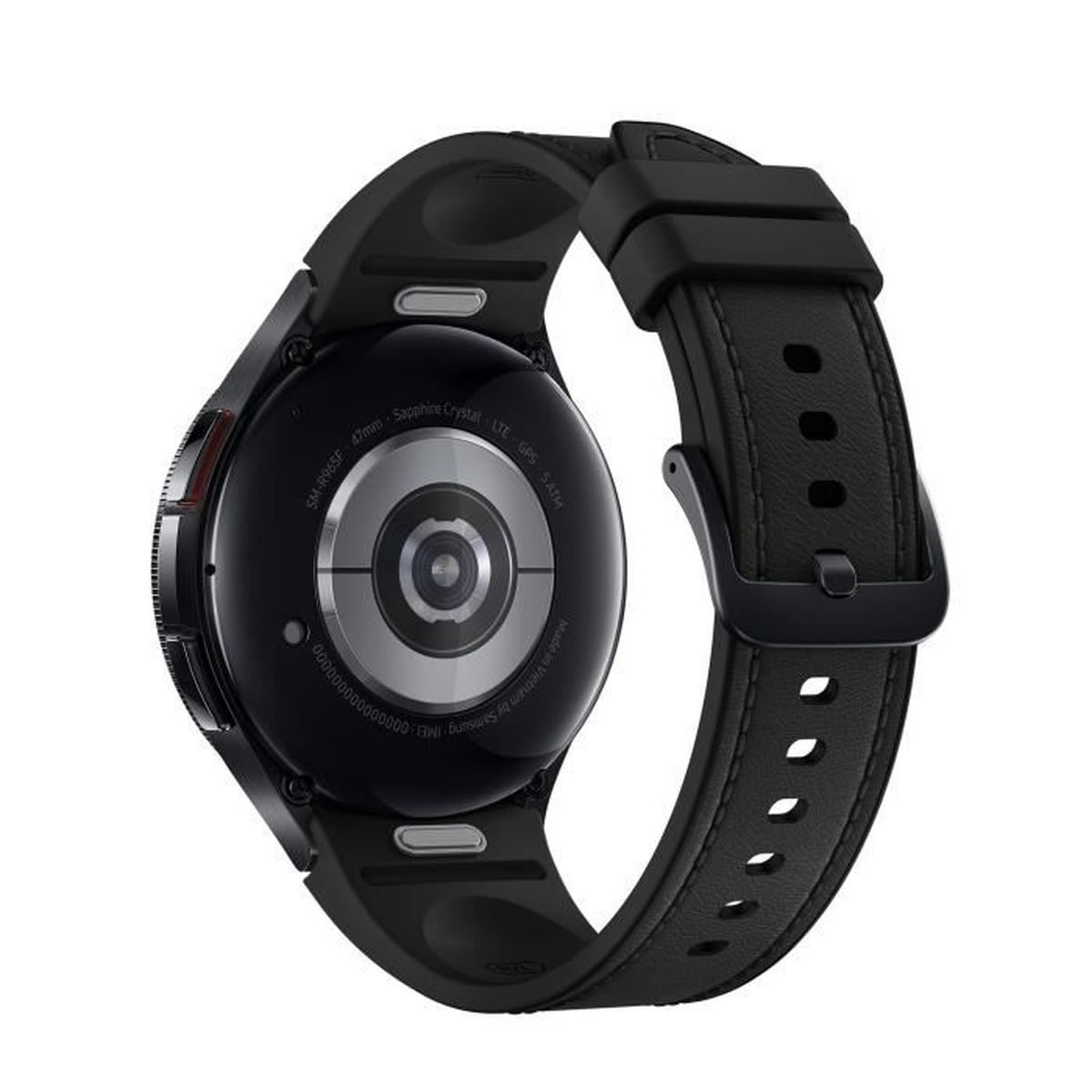 Smartwatch negra con correa negra, tumbada boca abajo, mostrando los detalles de la parte inferior.